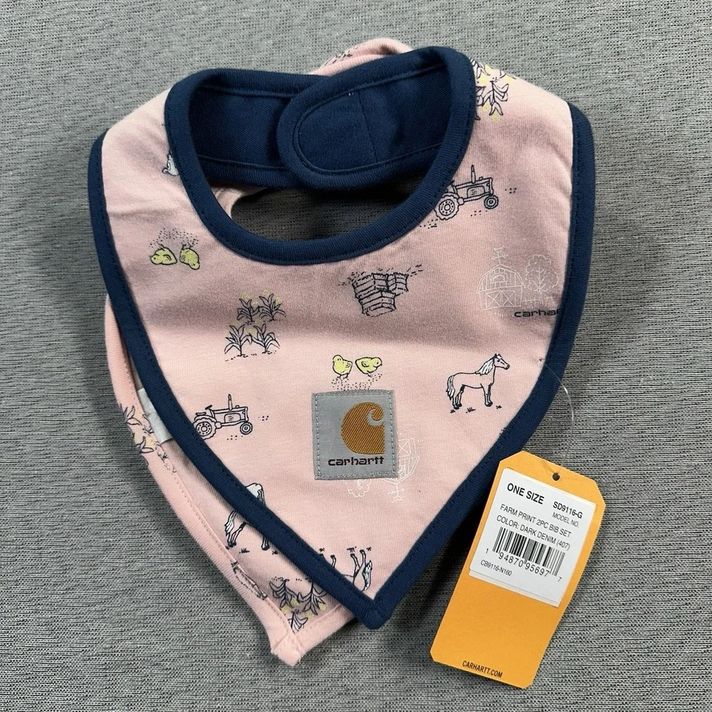 Carhartt Kids Baby‎ Bib One Size Farm Scene Horseshoes Barn Tree 2 Piece NEW